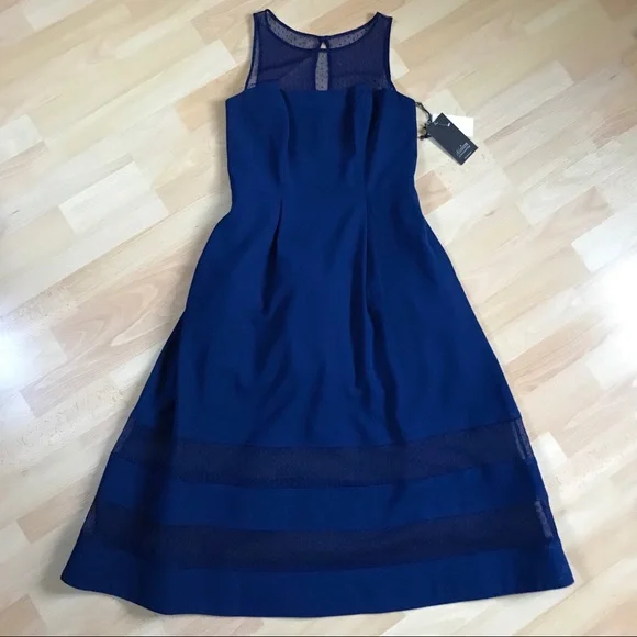 *Aiden Mattox Fit & Flare Mesh Navy Midi Dress - Picture 2 of 7